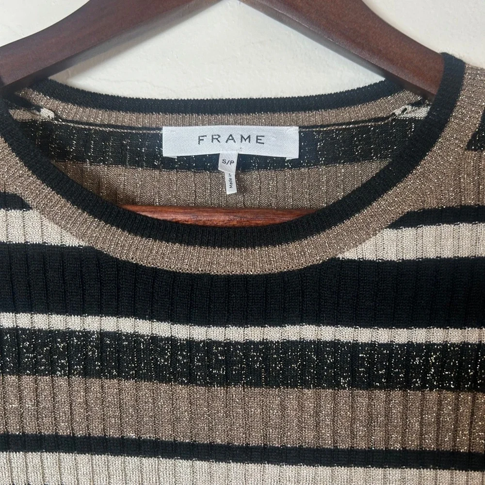 FRAME‎ Striped Ribbed Knit Sweater Gold Metallic Black White Tan Women's S/P